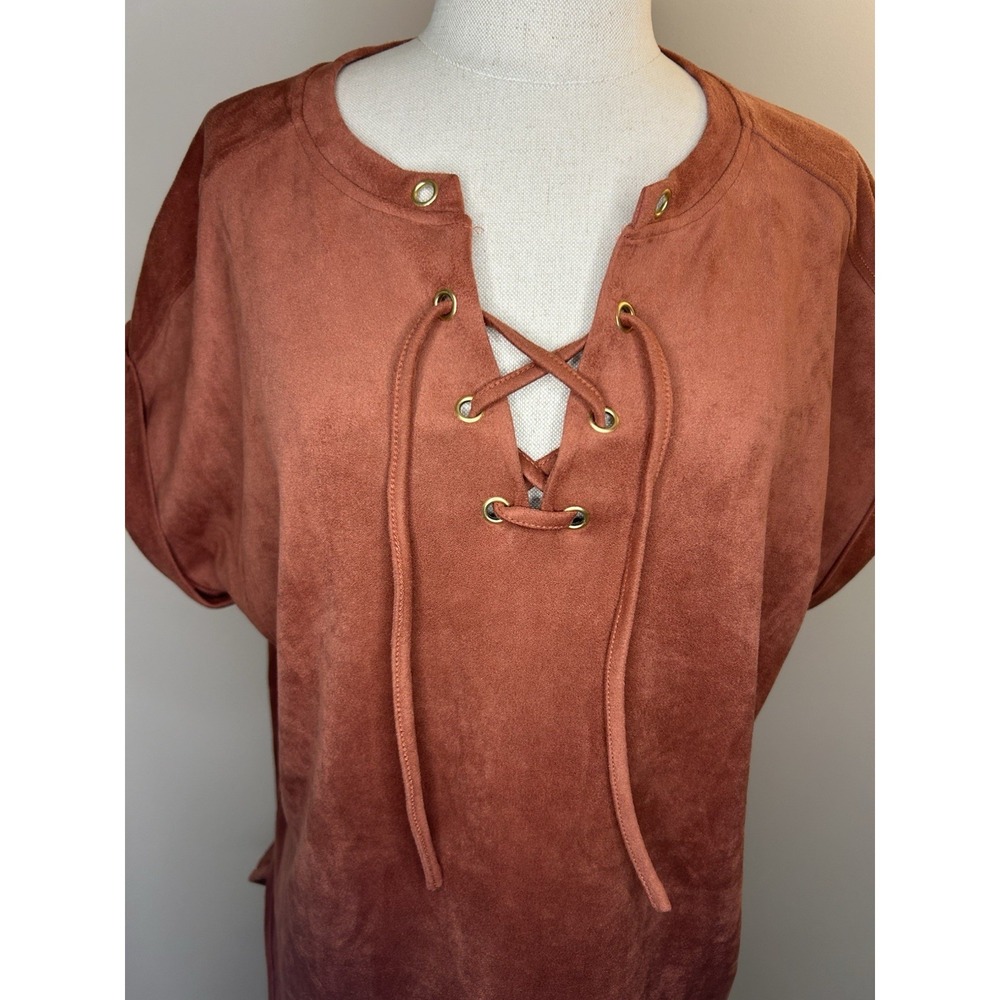 CUPIO Blush Brown Suede-feel Cap Sleeve Tie Pullover Blouse Top Shirt Womens L - Picture 2 of 8